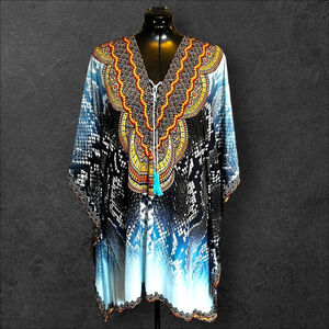 Simone Irani Kaftan Cover-up Top, O/S, Blue-Multi
